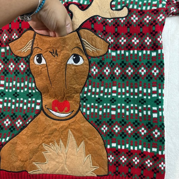 Christmas Sweater L Reindeer Holiday Green Red Festive Ugly Cute grandma sweater - Picture 4 of 12